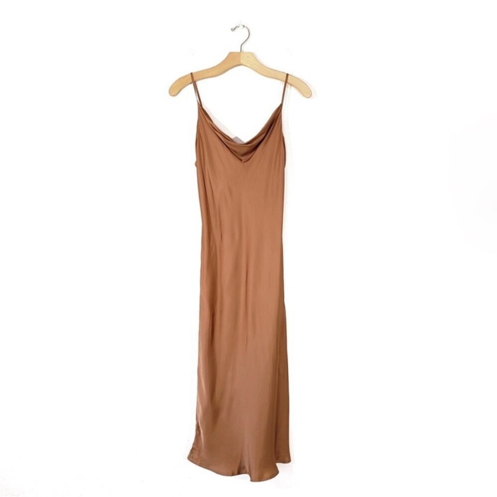 Young Fabulous & Broke Satin Cowl Neck Slip Midi Dress in Toffee Brown Small